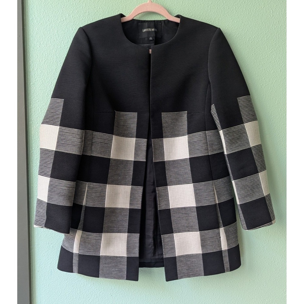 Lafayette 148 New York Black Ivory Check Structured Career 3/4 Sleeve Jacket